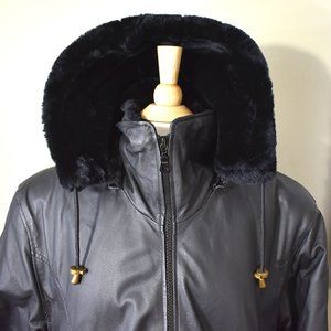 Ladies Black Leather Jacket Plush Fleece Lined Zippered Removable Hood Size 3X